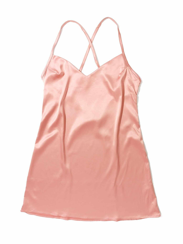 Rose Latte Pink Satin Sleep Chemise - Flat Lay, V-Neck Front & Cross-Back Strap Detail | Hanky Panky