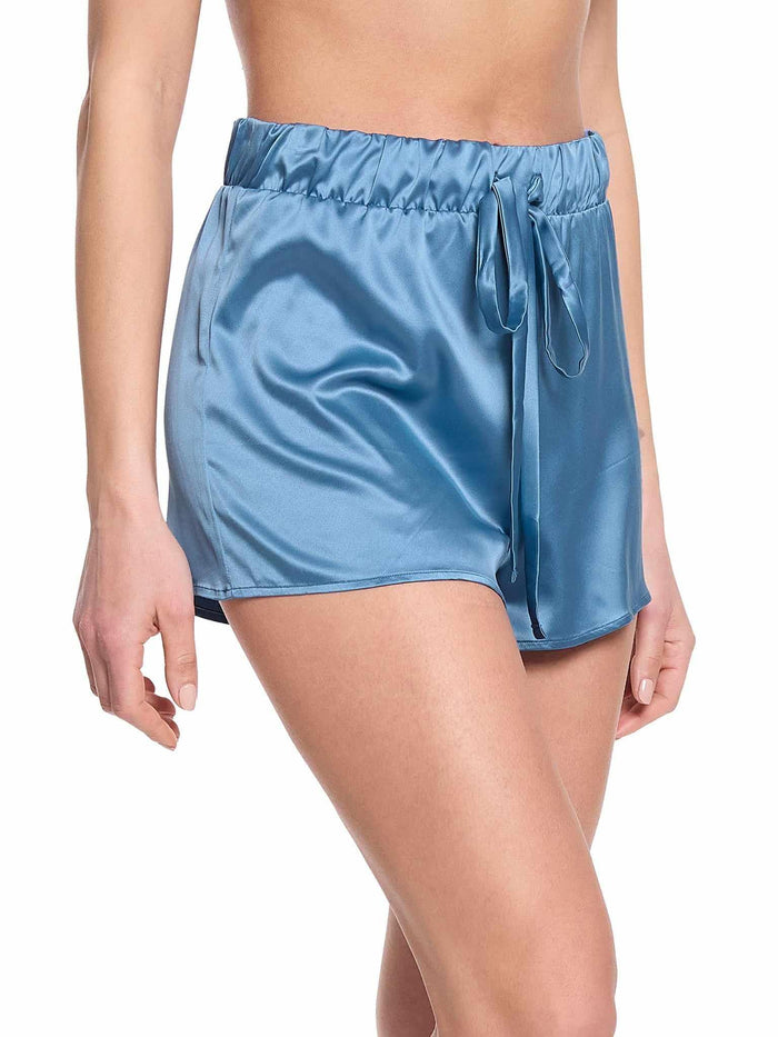Bath Time Blue Stretch Satin Sleep Drawstring Short - Side View On Model | Hanky Panky