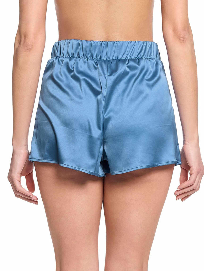 Bath Time Blue Stretch Satin Sleep Drawstring Short - Back View On Model | Hanky Panky