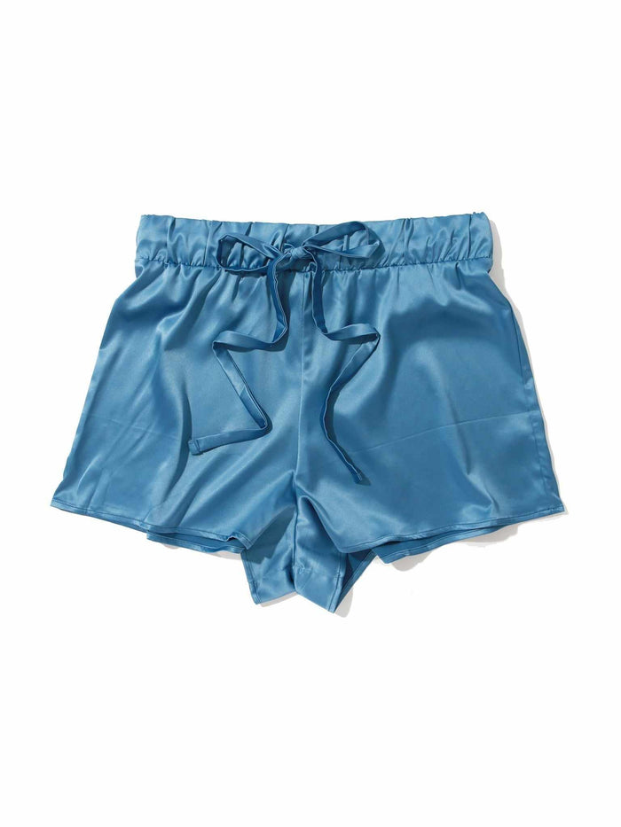 Bath Time Blue Satin Sleep Drawstring Short with Tie Waist - Flat Lay | Hanky Panky