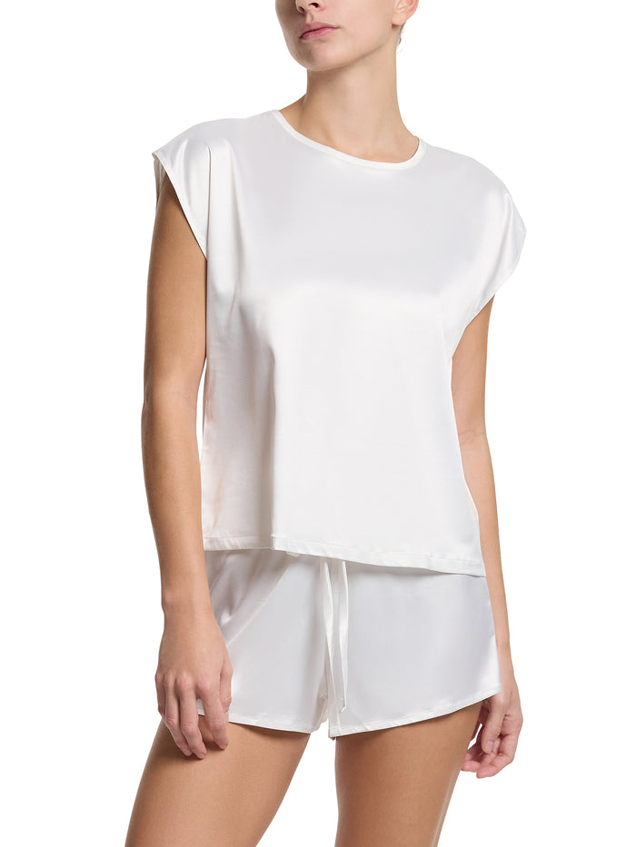 Light Ivory Satin Drawstring Sleep Short - Full Look Styled with Matching Top | Hanky Panky