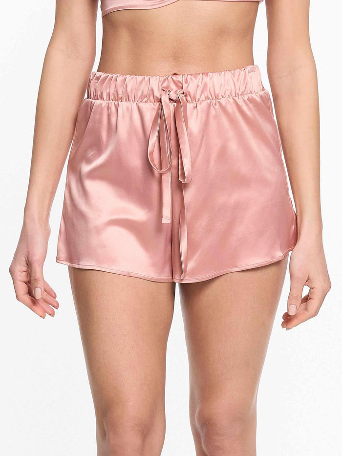 Rose Latte Pink Satin Sleep Drawstring Short - Front View On Model | Hanky Panky