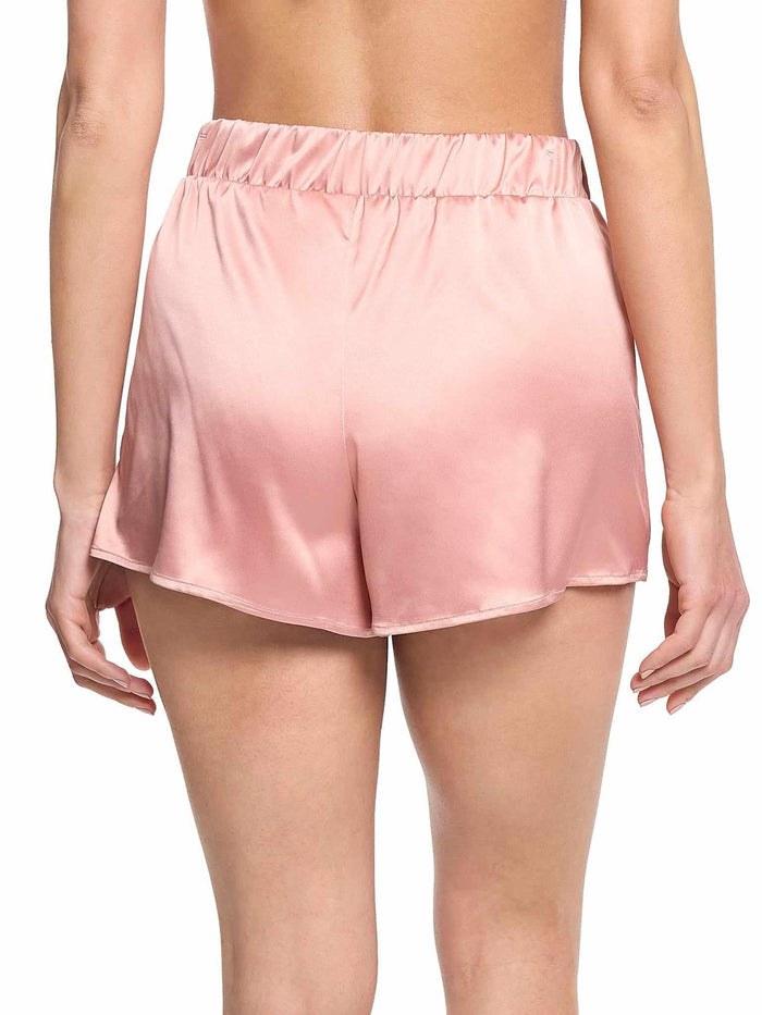 Rose Latte Pink Satin Sleep Drawstring Short - Back View On Model | Hanky Panky