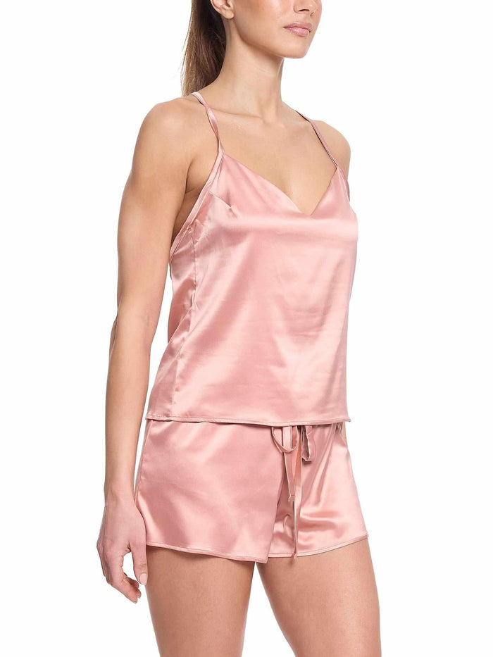 Rose Latte Pink Satin Sleep Drawstring Short styled with matching cami - Side View | Hanky Panky