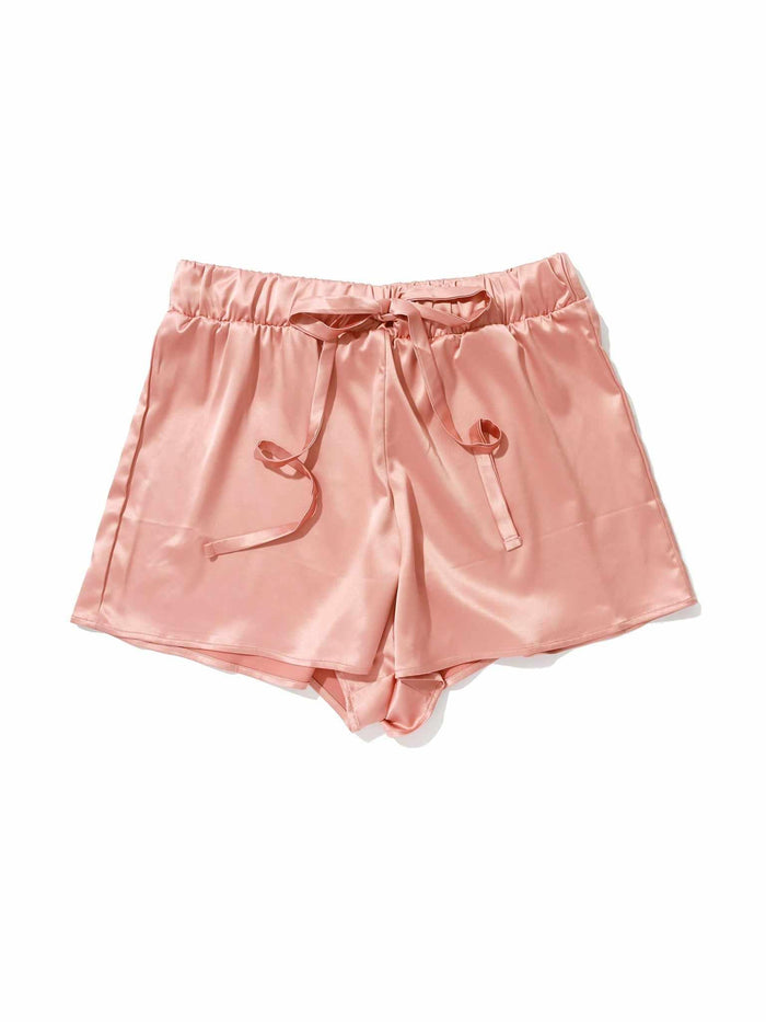 Rose Latte Pink Stretch Satin Drawstring Sleep Short with pockets - Flat Lay | Hanky Panky