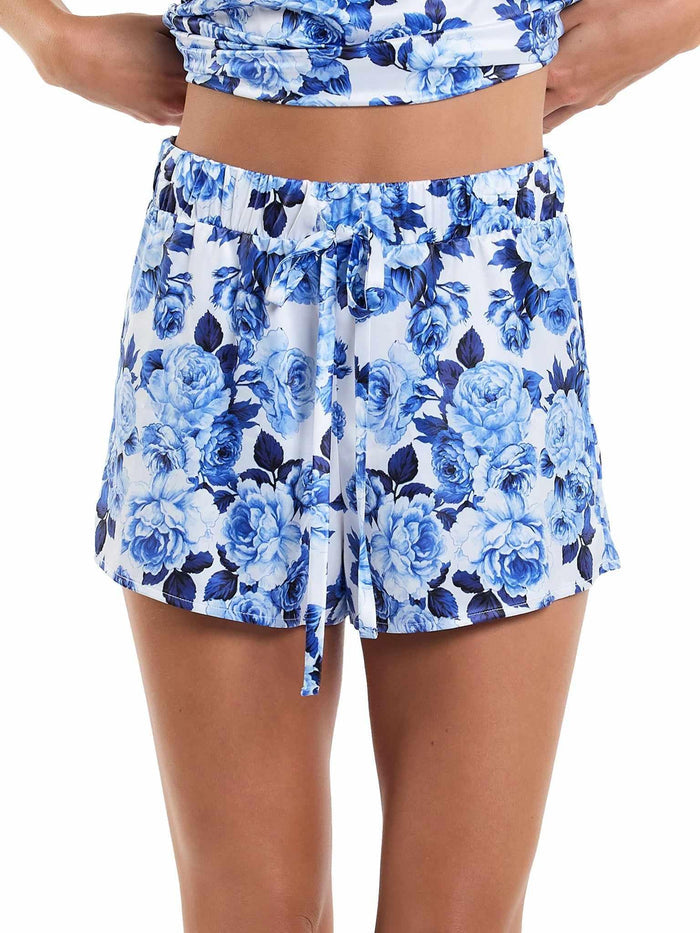 Deja Blue Floral Satin Sleep Short - Front View, Drawstring & Elastic Waist On Model | Hanky Panky