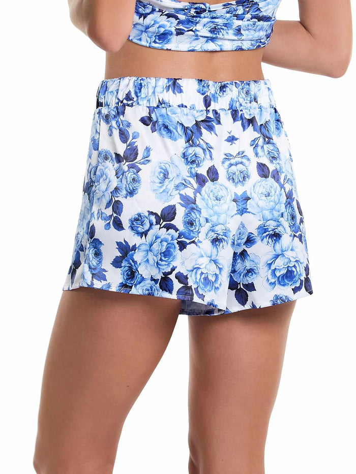 Deja Blue Floral Satin Sleep Short - Back View, Elastic Waistband, Stretch Satin On Model | Hanky Panky