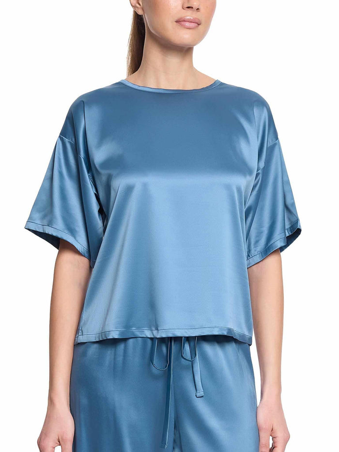 Hanky Panky Satin Sleep Tee Bath Time Blue - Front View On Model, Stretch Satin Sleep Top