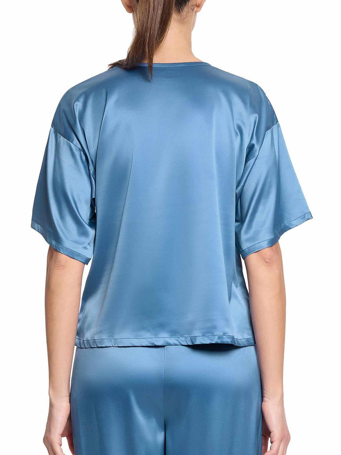 Hanky Panky Satin Sleep Tee Bath Time Blue - Back View On Model, Luxurious Satin Sleep Shirt