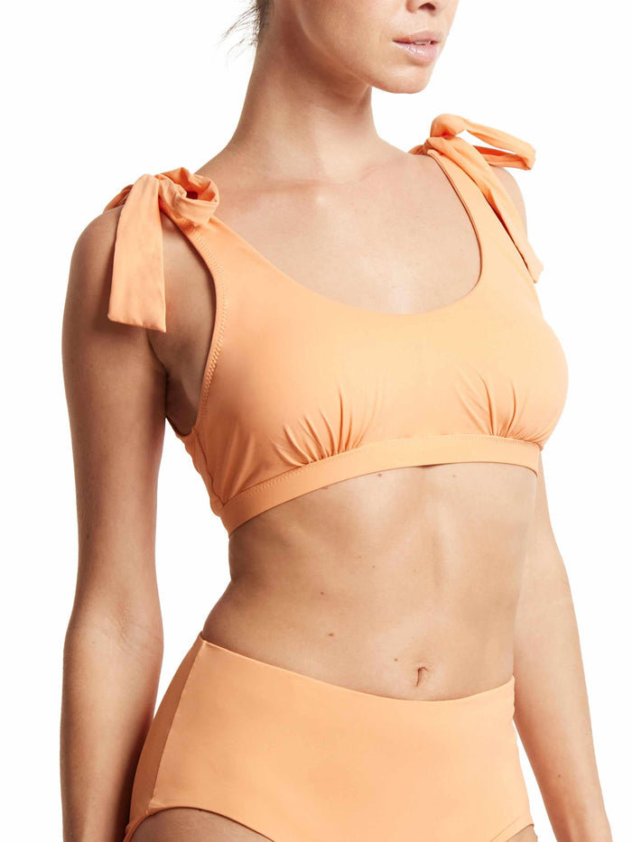 Florence Orange Scoop Neck Swim Top with Shoulder Tie Bows - Front On Model | Hanky Panky