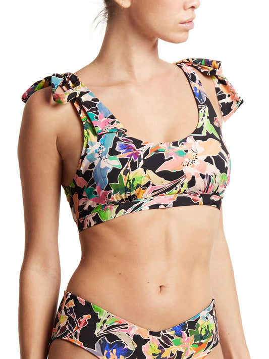 Unapologetic Floral Print Scoop Neck Swim Top, Ruffle Tie Shoulders - On Model Front, Hanky Panky Bikini Top