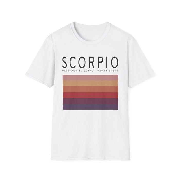 light blue t-shirt with scorpio zodiac graphic and minimalist stripe design