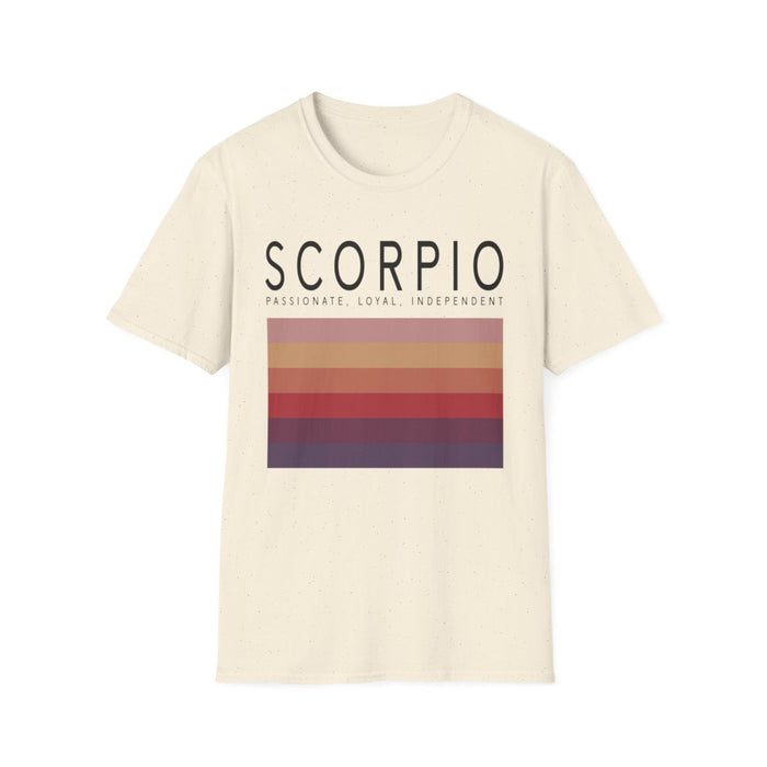 white t-shirt with scorpio astrology zodiac symbol and warm-toned stripe detail