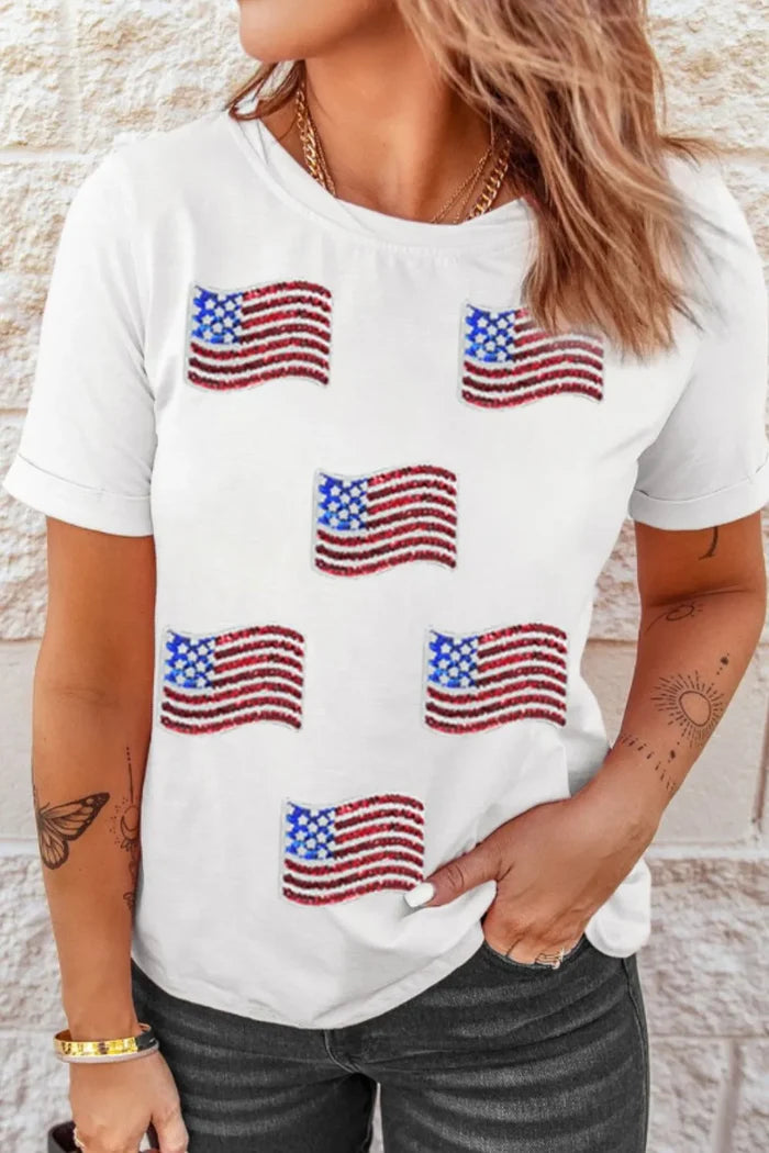 Sequin American Flag Patched Casual T Shirt