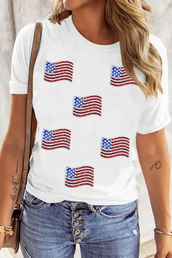 Sequin American Flag Patched Casual T Shirt