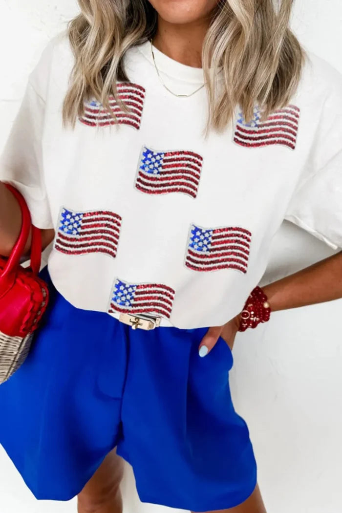 Sequin American Flag Patched Casual T Shirt