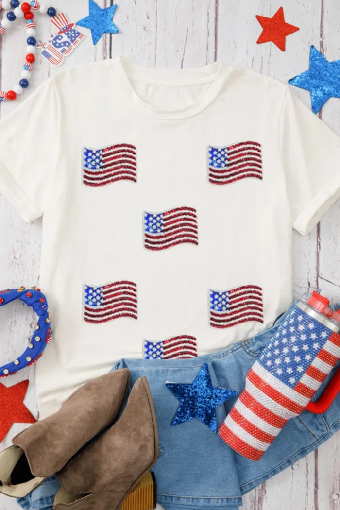 Sequin American Flag Patched Casual T Shirt