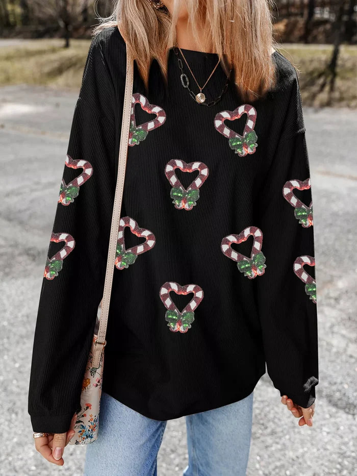 Sequin Christmas Candy Cane Heart Graphic Drop Shoulder Ribbed Sweatshirt