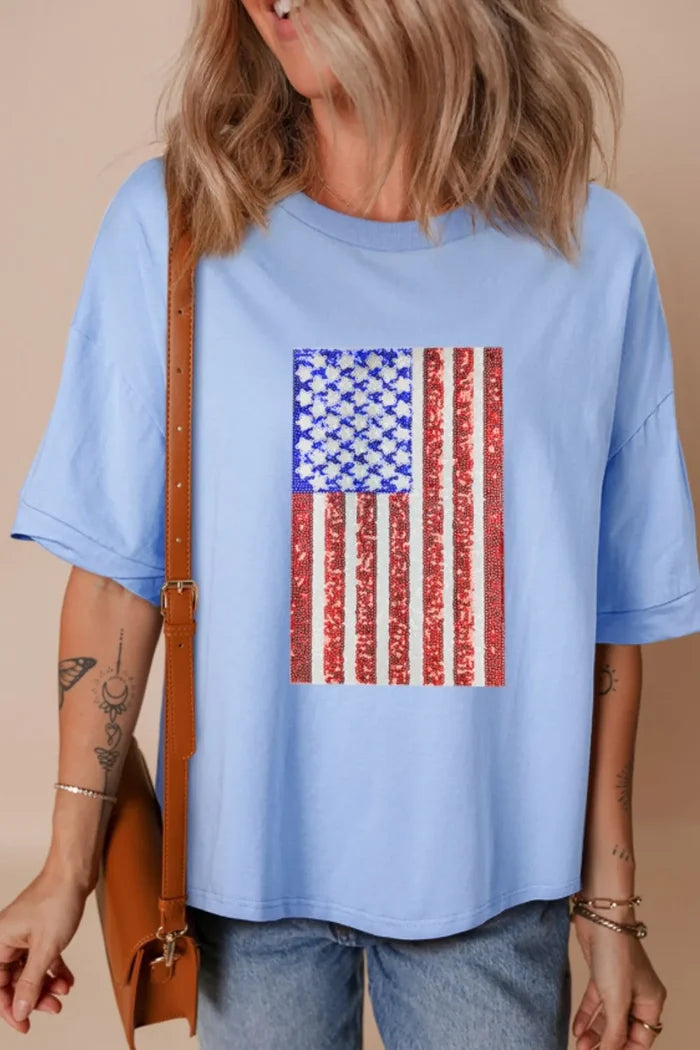 Sequined American Flag Dropped Shoulder T Shirt