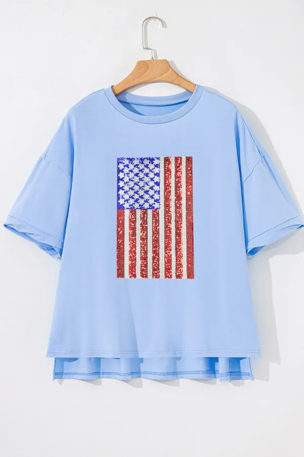 Sequined American Flag Dropped Shoulder T Shirt