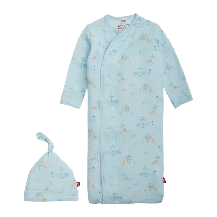 Blue safari print baby modal gown with wrap snap closure and matching knotted hat on white background