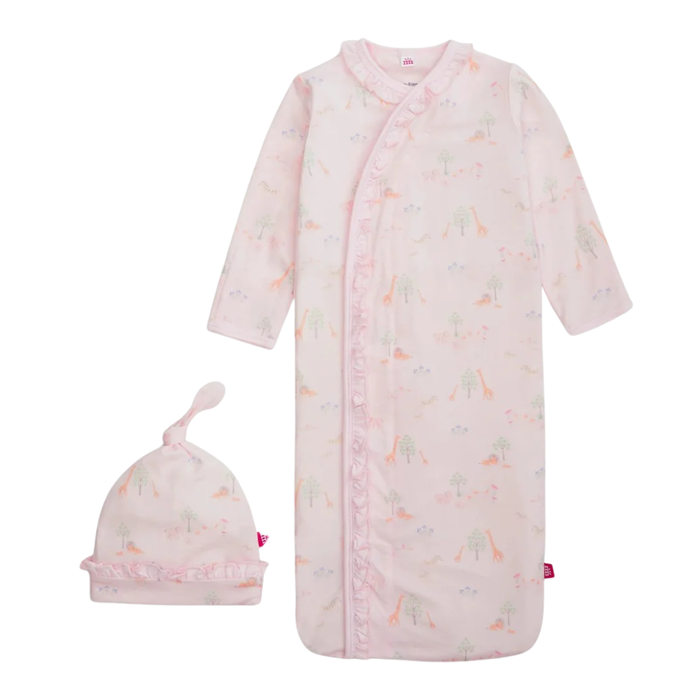 Pink safari print baby modal gown with ruffle trim, wrap snap closure, and matching knotted hat on white background