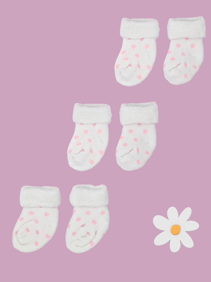 Set of three pairs of socks: White With Pink Spots Stay-on Towelling Premature Baby Socks Socks Little Mouse Baby Clothing & Gifts