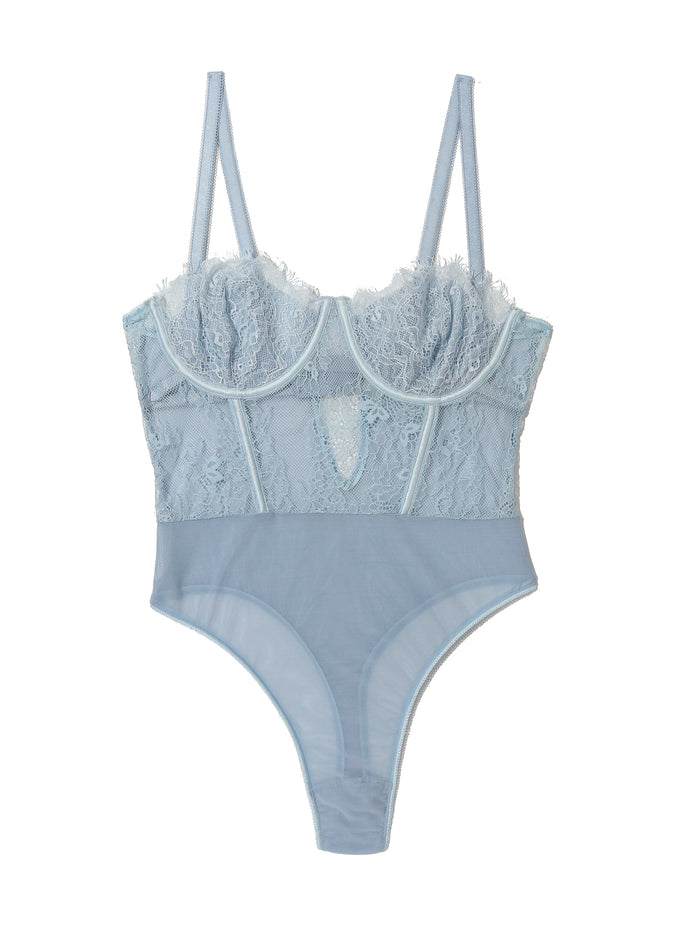 Touch The Sky Blue Eyelash Lace Sheer Bodysuit - Flat Lay Front Detail | Hanky Panky