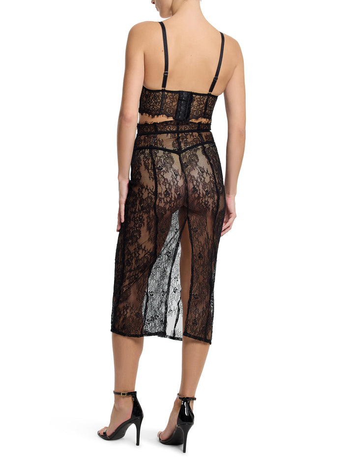 Sheer Seduction Black Lace Underwire Bustier Styled as Outerwear - Back View, Lace Skirt with Slit | Hanky Panky