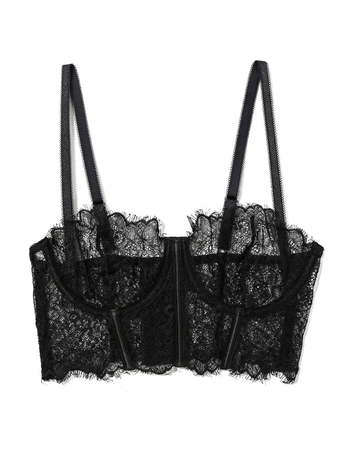 Sheer Seduction Underwire Bustier Black - Flat Lay, Floral Lace Texture & Boning Detail | Hanky Panky