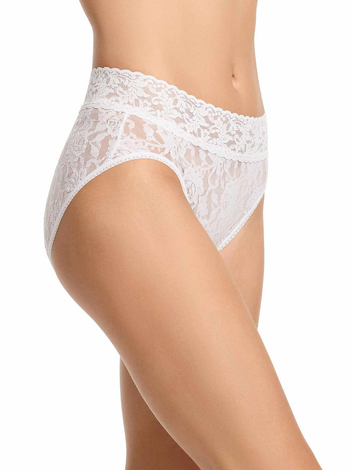 Signature Lace® French Brief White - Back Three-Quarter View, White Lace Briefs High-Hip Cut On Model | Hanky Panky