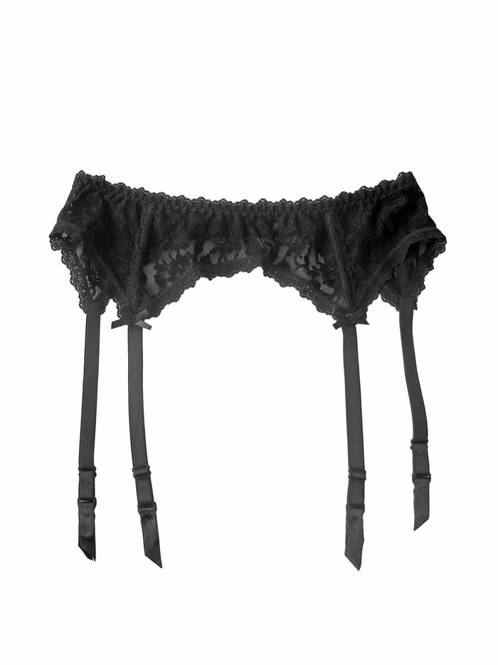 Black Signature Lace Garter Belt with Four Suspender Clips - Flat Lay | Hanky Panky