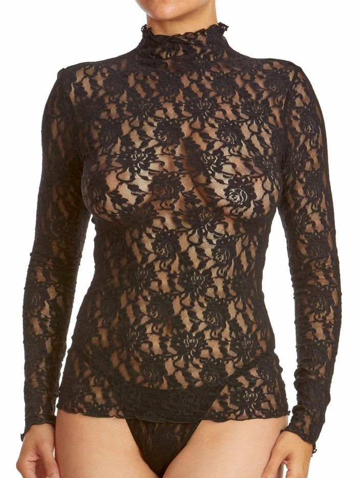 Black Sheer Signature Lace® Long Sleeve Funnel Neck Top - On Model Front View | Hanky Panky