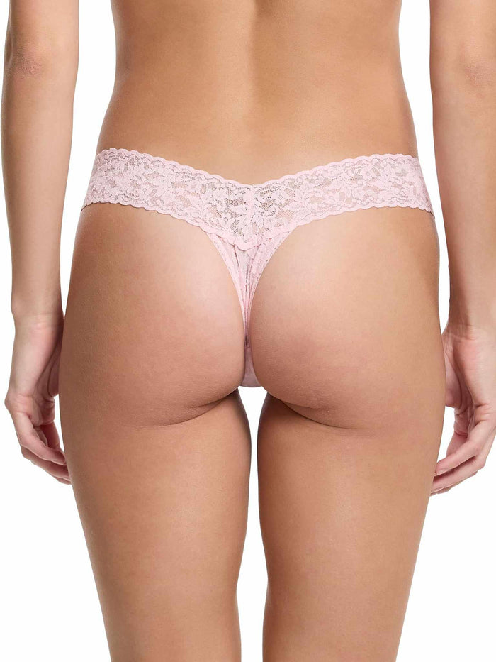 Bliss Pink Signature Lace® Low Rise Thong - Back On Model, Scalloped Lace Waistband Detail | Hanky Panky