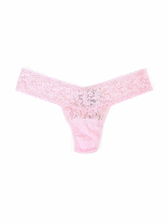 Bliss Pink Signature Lace® Low Rise Thong - Flat Lay, Floral Stretch Lace Detail, Women's Pink Lace Thong | Hanky Panky
