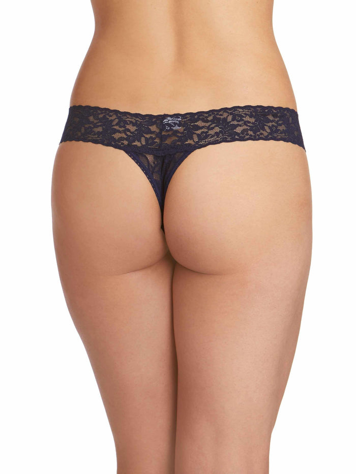 Navy Signature Lace Low Rise Thong - Back View On Model | Hanky Panky