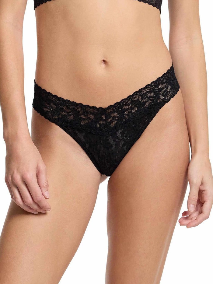Black Lace Thong Underwear - Flat Lay, V-Front Waistband Detail | Hanky Panky