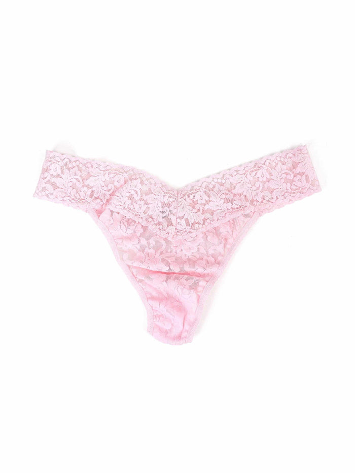 Bliss Pink Signature Lace® Original Rise Thong - Flat Lay, V-front Floral Signature Lace® Detail | Hanky Panky