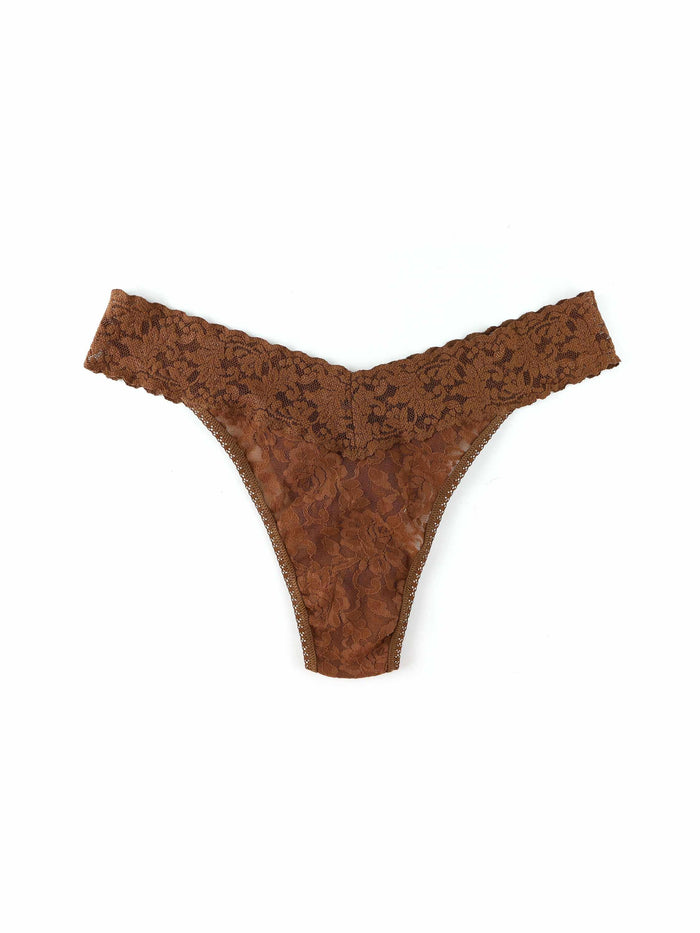 Macchiato Brown Signature Lace® Original Rise Thong - Flat Lay, stretch lace detail | Hanky Panky