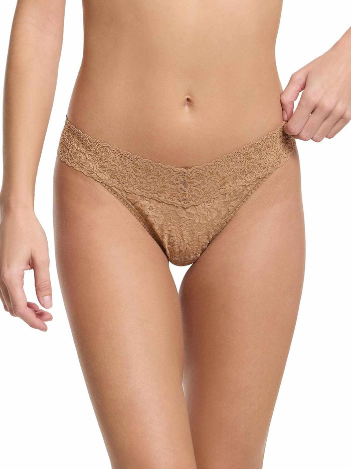 Signature Lace® Original Rise Thong Sun Tan - Front View, V-Waistband Comfortable Lace Thong | Hanky Panky
