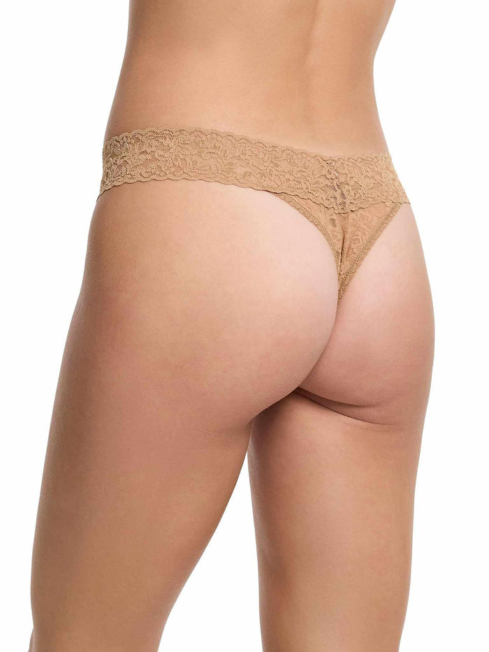 Signature Lace® Original Rise Thong Sun Tan - Back Side Angle, Barely-There Nude Lace Thong | Hanky Panky