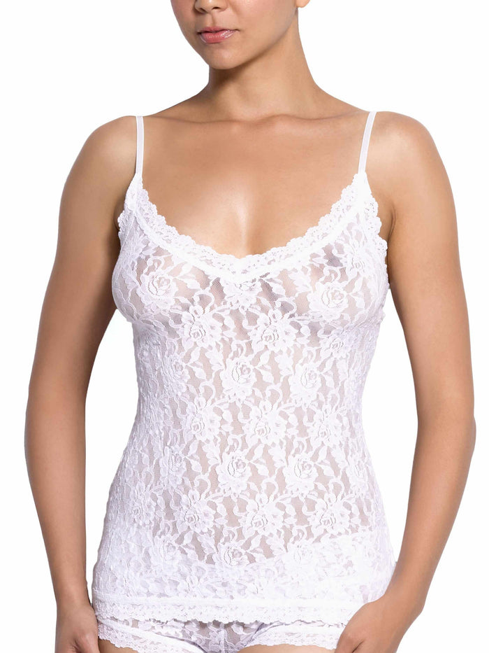 Signature Lace® V-Front Cami White - Front Close-Up On Model, Floral Lace Detail | Hanky Panky