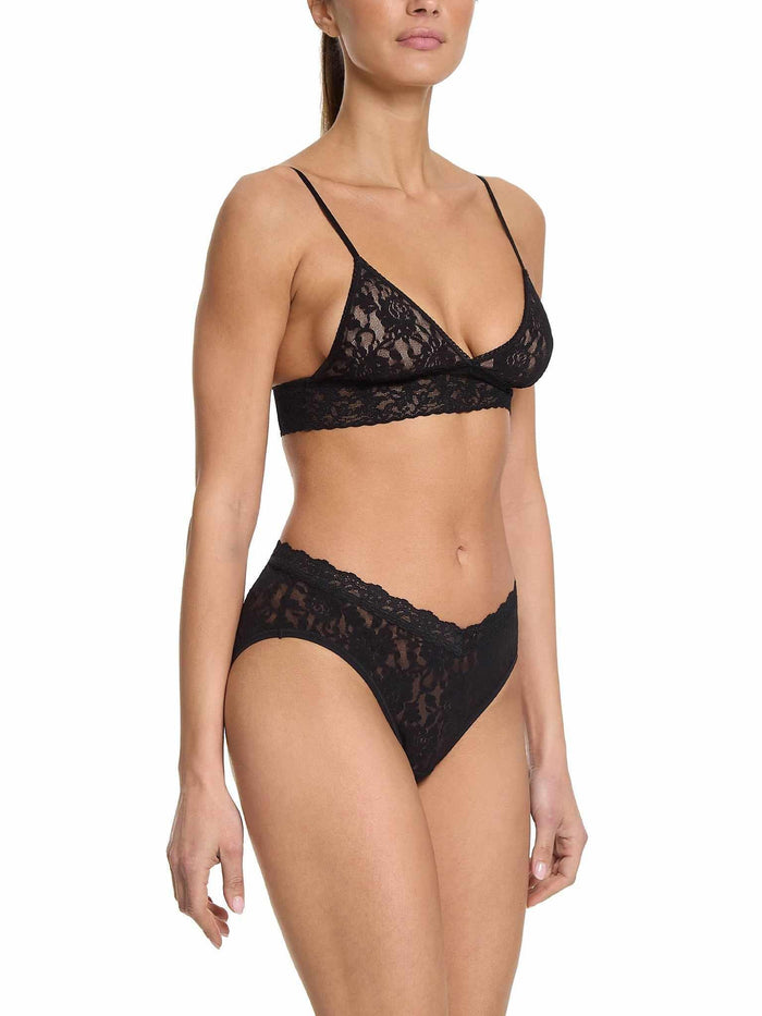 Black Signature Lace® V-Front High Cut Brief paired with matching lace bralette - Side View on model | Hanky Panky