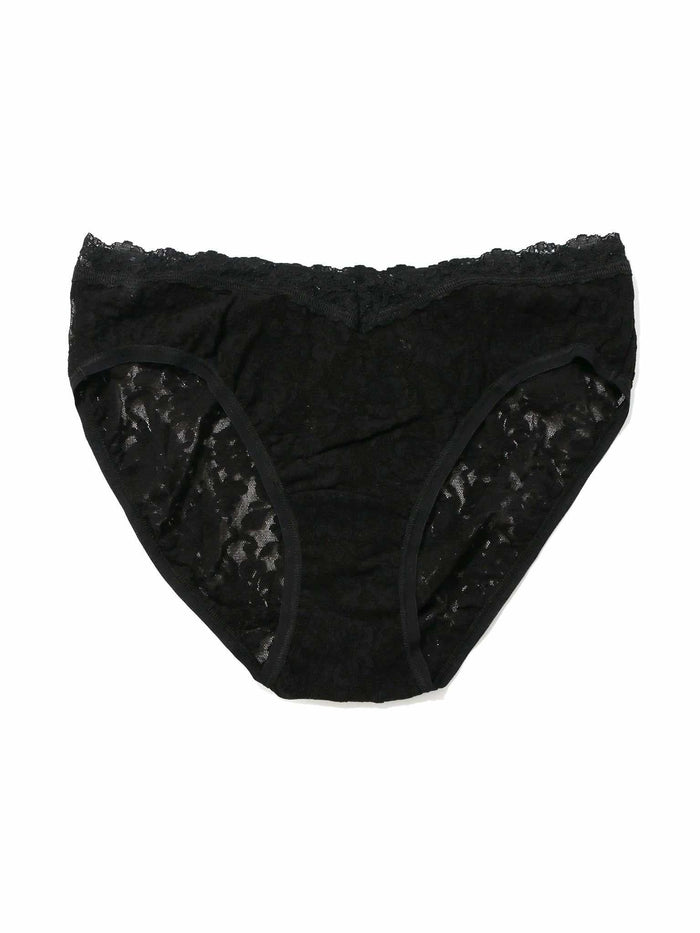 Black Signature Lace® V-Front High Cut Brief - Flat Lay, V-notch waistband and floral lace detail | Hanky Panky