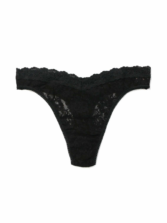 Black Signature Lace® V-Front High Cut Thong - Flat Lay, V-waist lace detail and scalloped trim | Hanky Panky