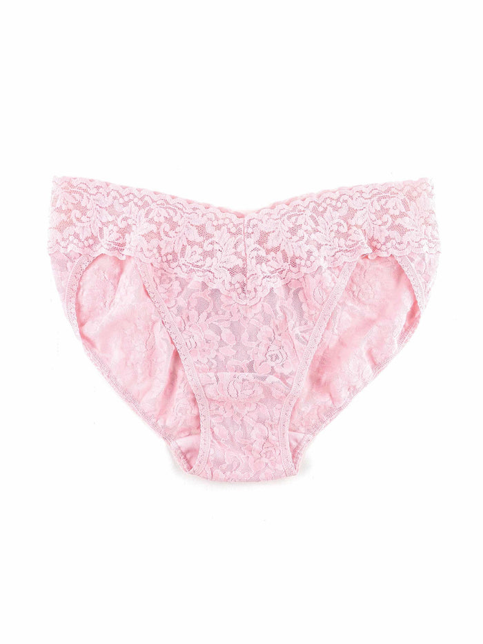 Signature Lace® V-Kini Bliss Pink - Flat Lay Front, pink stretch lace V-kini panty with scalloped waistband | Hanky Panky