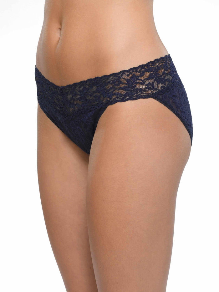 Navy Signature Lace® V-Kini Panty - On Model Three-Quarter View | Hanky Panky