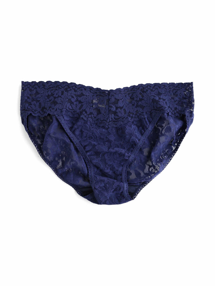Navy Signature Lace® V-Kini Panty - Flat Lay Front, Stretch Lace Detail | Hanky Panky
