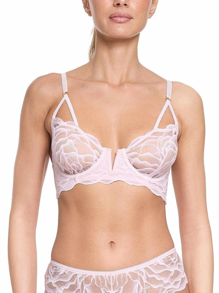 Blush Pink Silhouette Floral Underwire Bra - Front Close-Up, Strappy Detail, Gold Hardware & Scallop Lace Edge | Hanky Panky