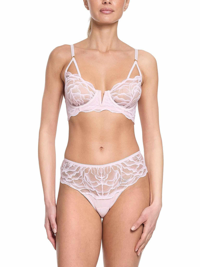 Blush Pink Silhouette Floral Lace Underwire Bra - Front On Model, Styled with Matching Floral Lace Lingerie Set | Hanky Panky